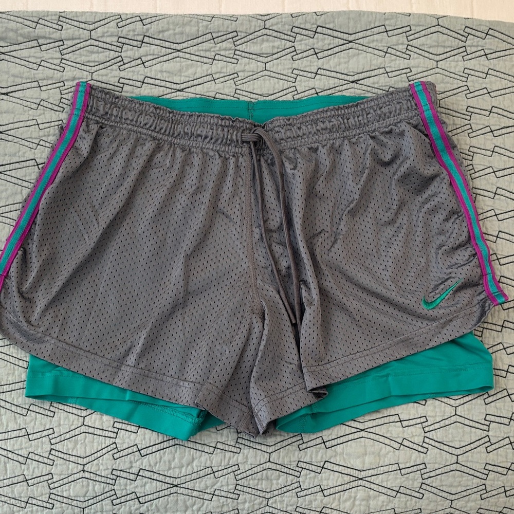 Nike Pro Dri Fit Double Up Women's Gray and Teal Athletic Shorts